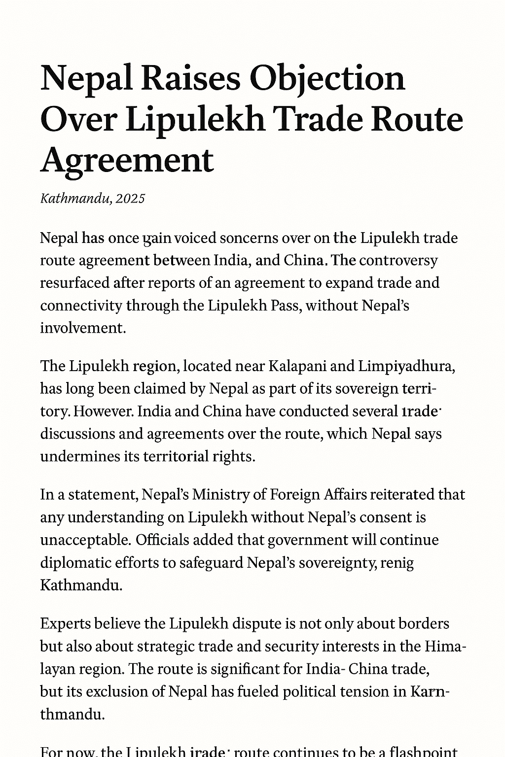 Nepal Objects to Lipulekh Trade Route | Nepal-China-India Border Dispute 2025 1 Nepal Objects to Lipulekh Agreement